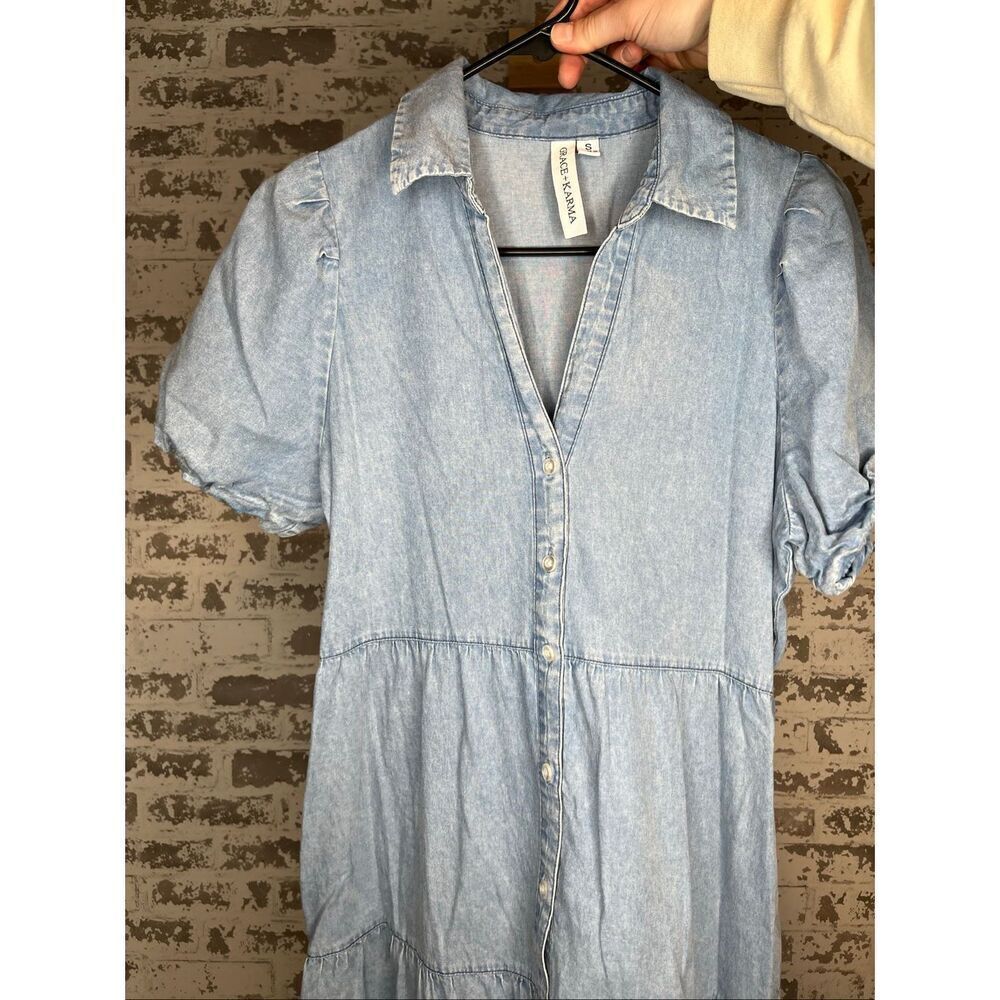 Grace + Karma | women denim button down dress puff sleeves